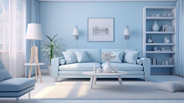 a living room with a blue couch and a picture on the wall