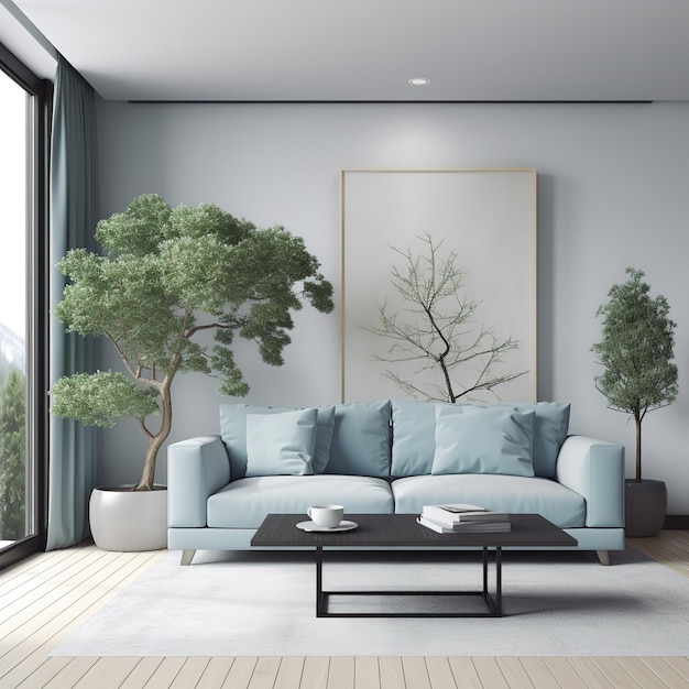 A living room with a blue couch and a plant in the corner.