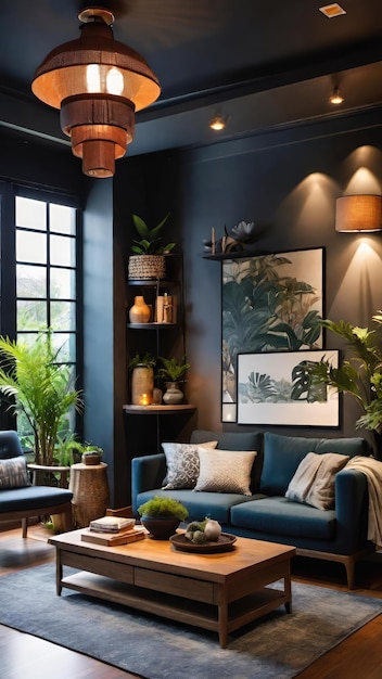 a living room with a blue couch and a plant on the table