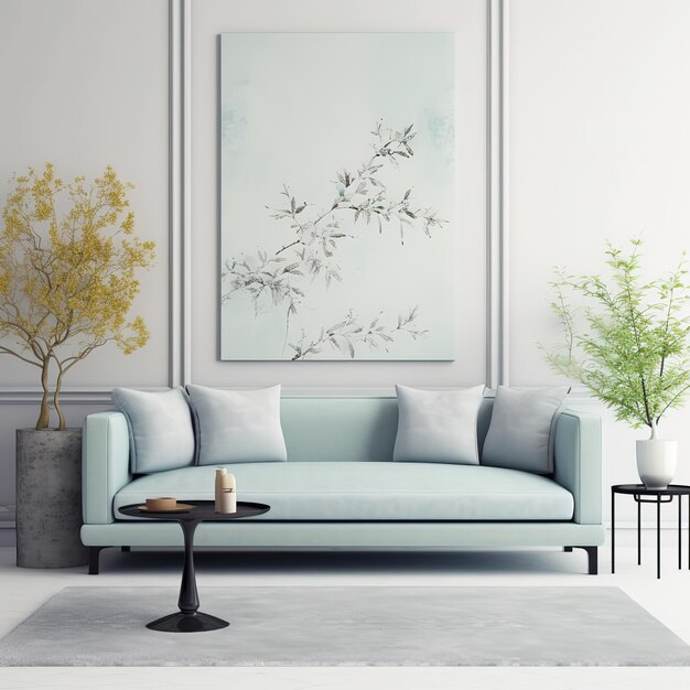 A living room with a blue couch and a plant on the wall.