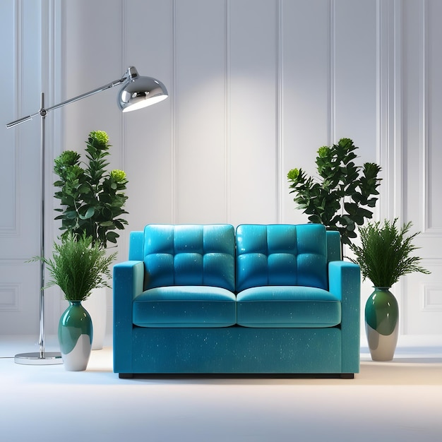 a living room with a blue couch and potted plants