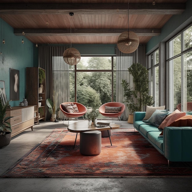 A living room with a blue couch and a red rug with a white pillow on it.