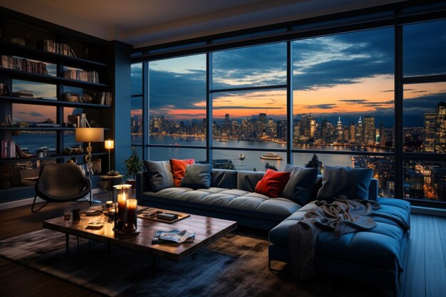 a living room with a blue couch and a view of the city high quality