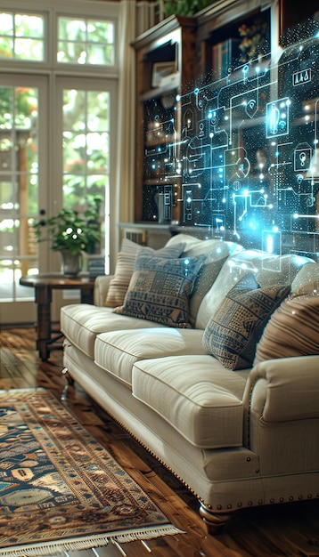 A living room with a blue couch and a wall with glowing icons