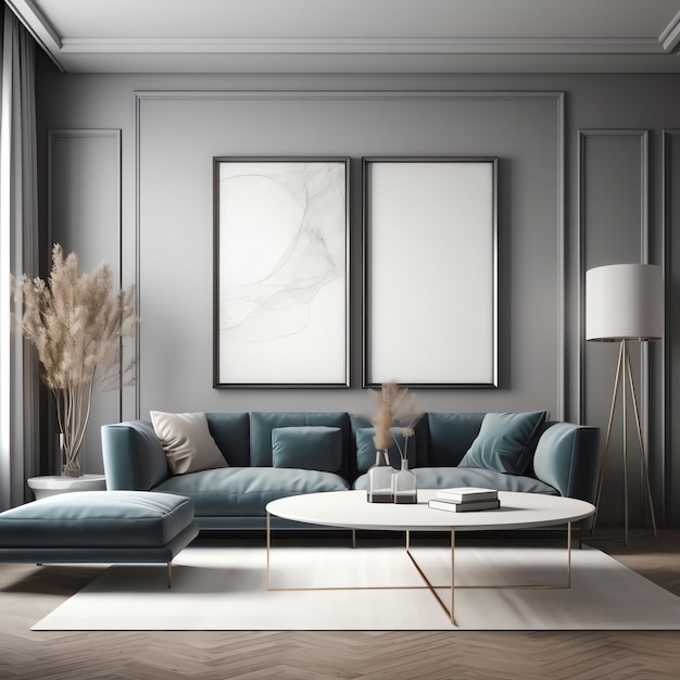 A living room with a blue couch and a white coffee table.