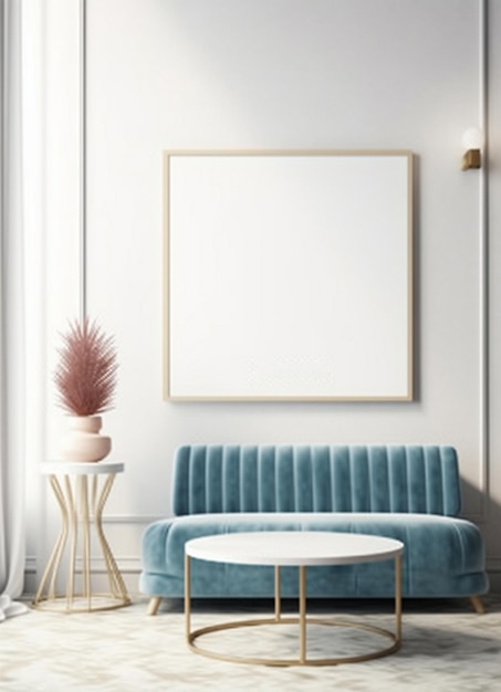 A living room with a blue couch and a white table with a vase on it.