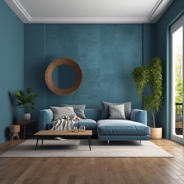 A living room with a blue couch and a wooden coffee table.