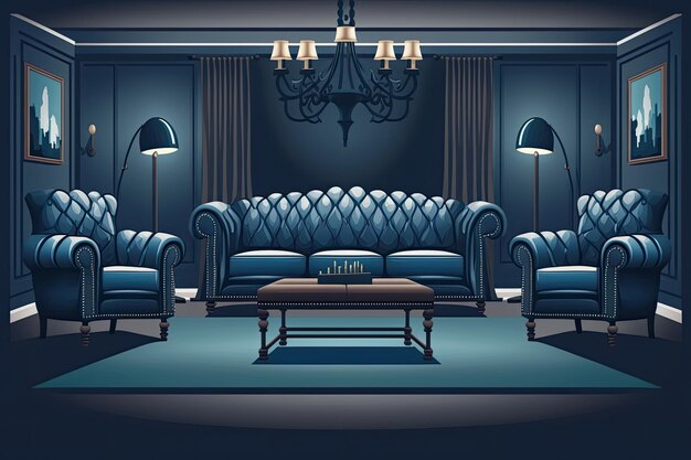 Living Room with Blue Couches and a Chandelier Generative AI