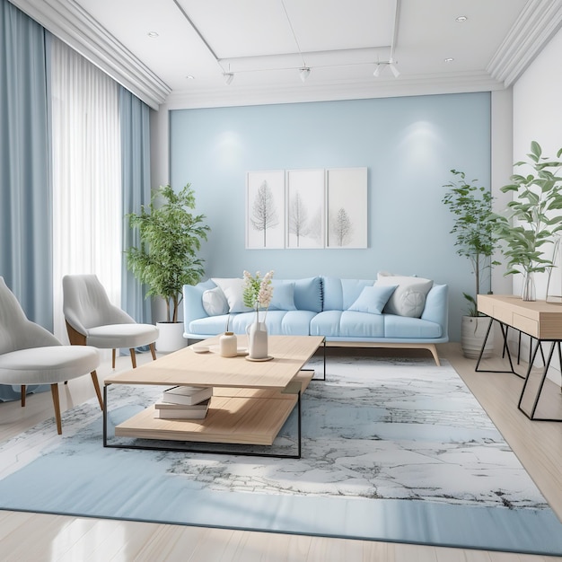 A living room with a blue curtain and a white couch with a white chair and a wooden coffee table.