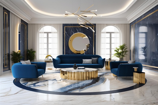 A living room with a blue and gold rug and a gold coffee table