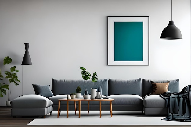 A living room with a blue and green picture on the wall.