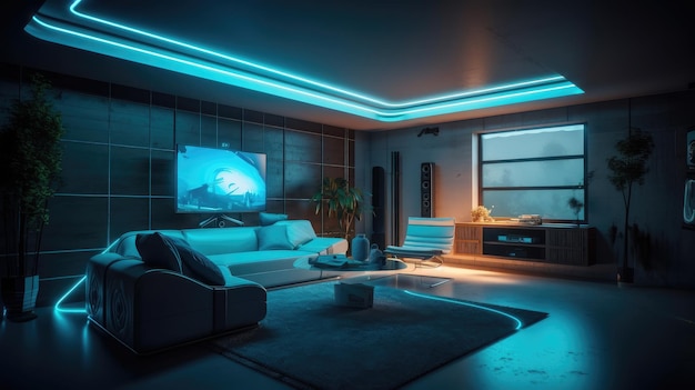 A living room with a blue led light that says'i'm a star '