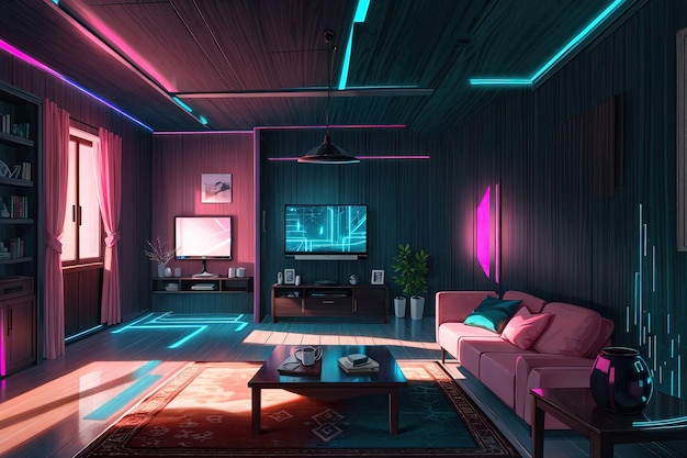 a living room with a blue and pink led strip lights