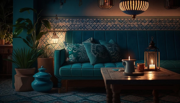 A living room with a blue sofa and a coffee table with a lamp on it