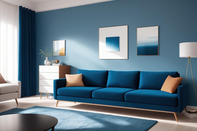 A living room with a blue sofa and a coffee table.