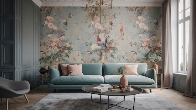 A living room with a blue sofa and a large floral wallpaper.