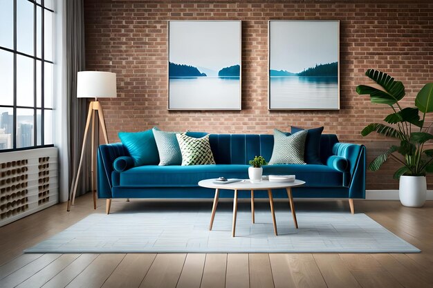 A living room with a blue sofa and a painting of a landscape in the background.