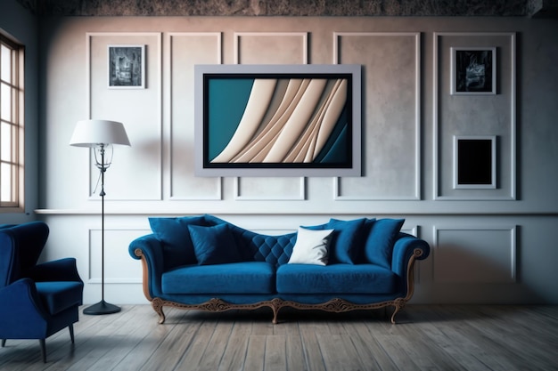 A living room with a blue sofa and a picture on the wall