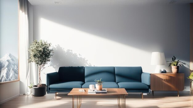 A living room with a blue sofa and a plant on the wall.