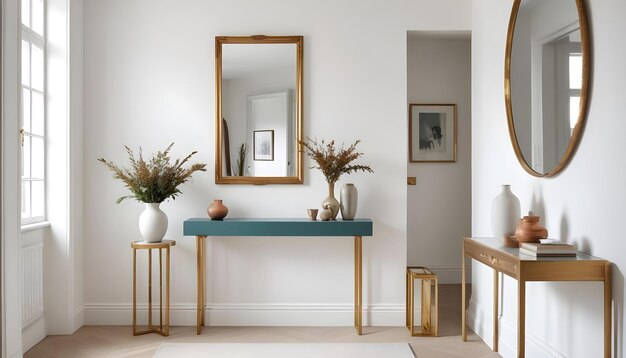 a living room with a blue table and flowers on a table