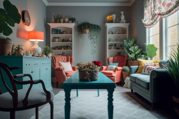 A living room with a blue table and a green table with a blue table that says'i love you '