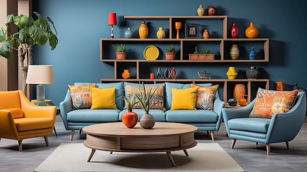 a living room with a blue wall and a coffee table with yellow pillows and a coffee table.