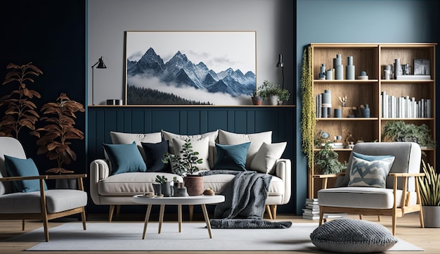 A living room with a blue wall and a large painting of mountains on the wall.