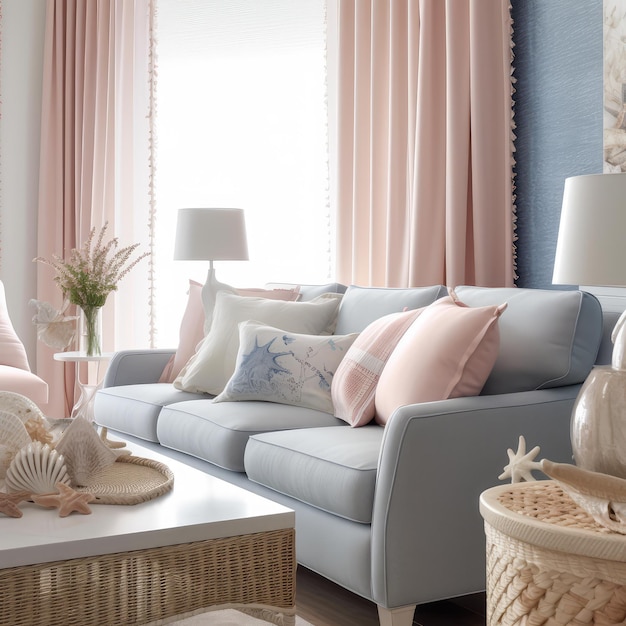 A living room with a blue wall and a pink curtain that says sea shells on it.