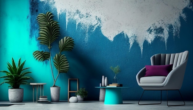 A living room with a blue wall and a plant on it