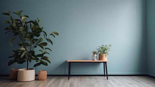 A living room with a blue wall and a plant on the table.