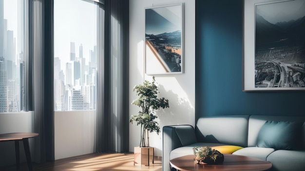 A living room with a blue wall and a white sofa with a yellow pillow and a white cushion.