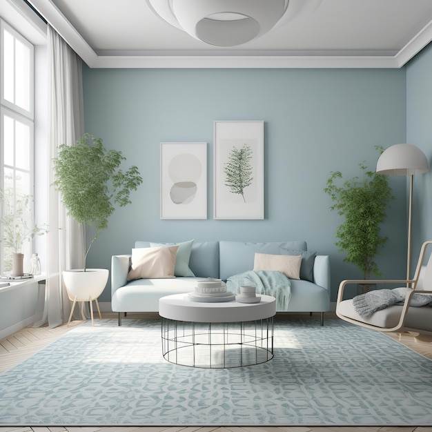 A living room with a blue wall and a white table with a white chair and a lamp.