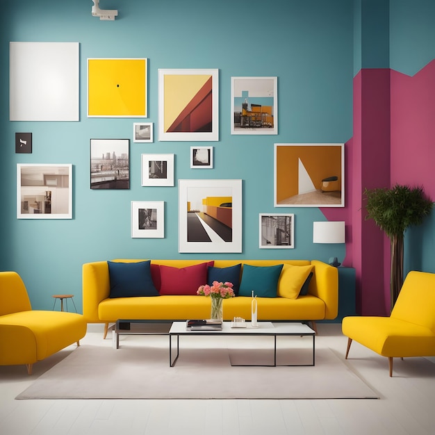 a living room with a blue wall with pictures on it