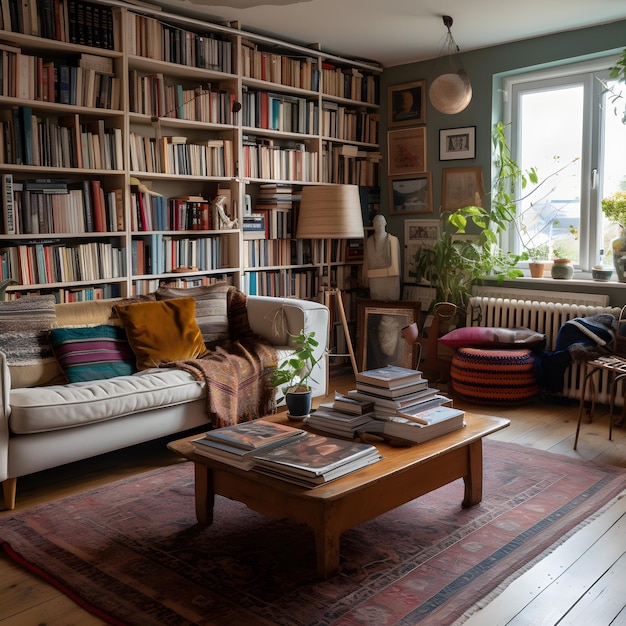 A living room with a book shelf full of books and a couch with a pillow on it.