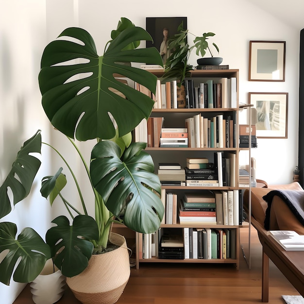 A living room with a book shelf and a large leafy plant in it.