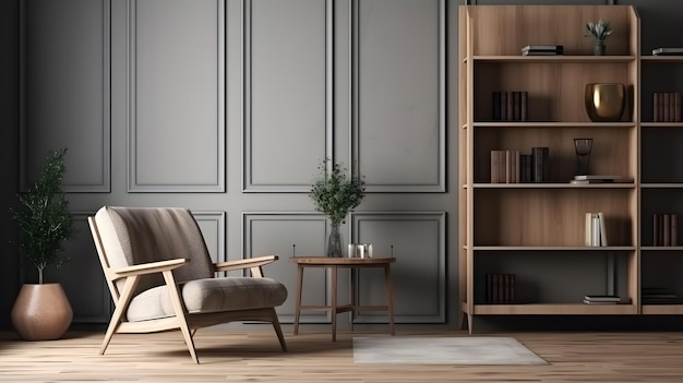 A living room with a bookcase and a chair.