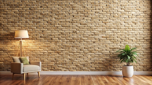 a living room with a brick wall and a chair