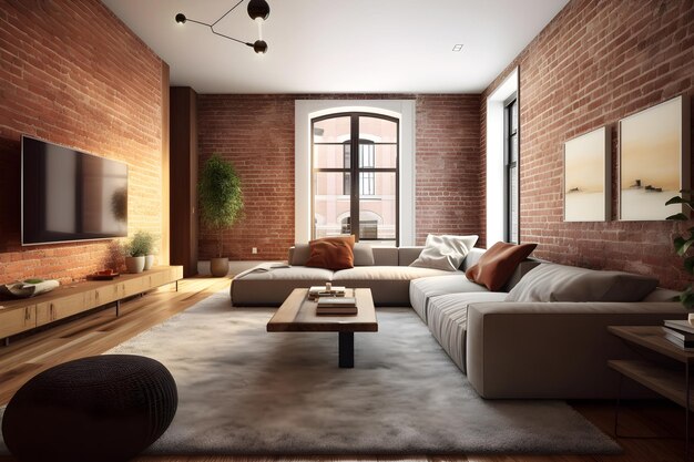 A living room with a brick wall and a large couch.