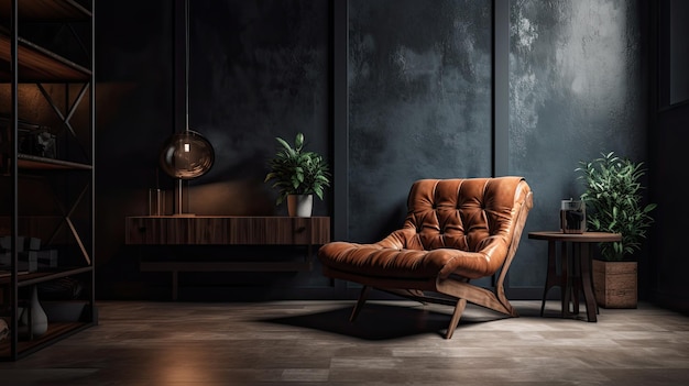 A living room with a brown leather chair and a black wall with a lamp on it.