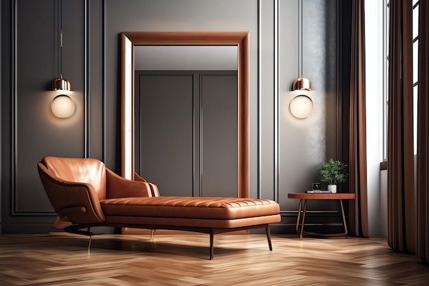 A living room with a brown leather sofa and a wooden table with a lamp on it.