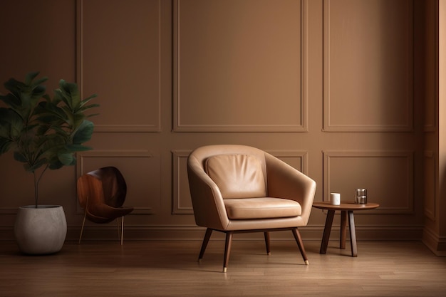 A living room with a brown wall and a brown chair.