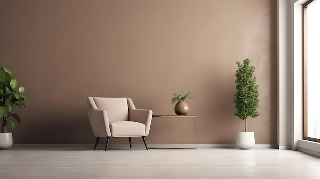 A living room with a brown wall and a plant on the table.