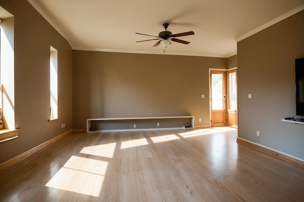 a living room with a ceiling fan and a ceiling fan