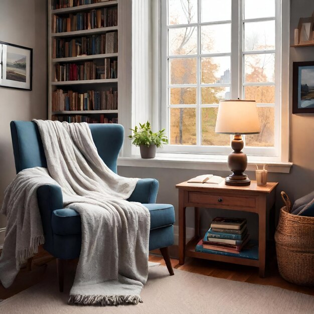 a living room with a chair and a book shelf with a blanket on it