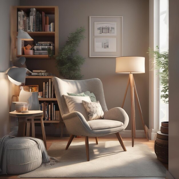 a living room with a chair and lamp on the floor