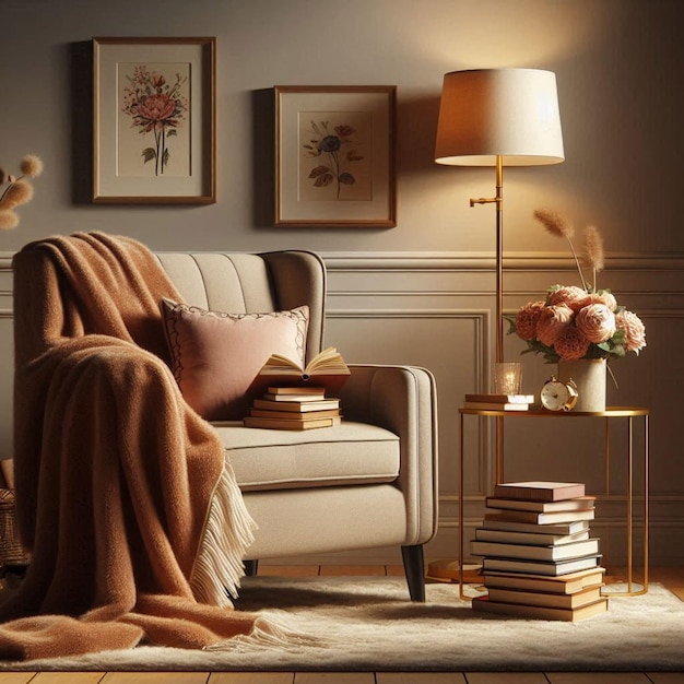 a living room with a chair a lamp a lamp and a book on the table