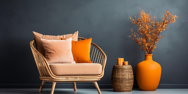 Photo a living room with a chair and orange vases