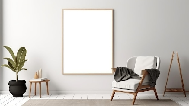 A living room with a chair and a picture on the wall