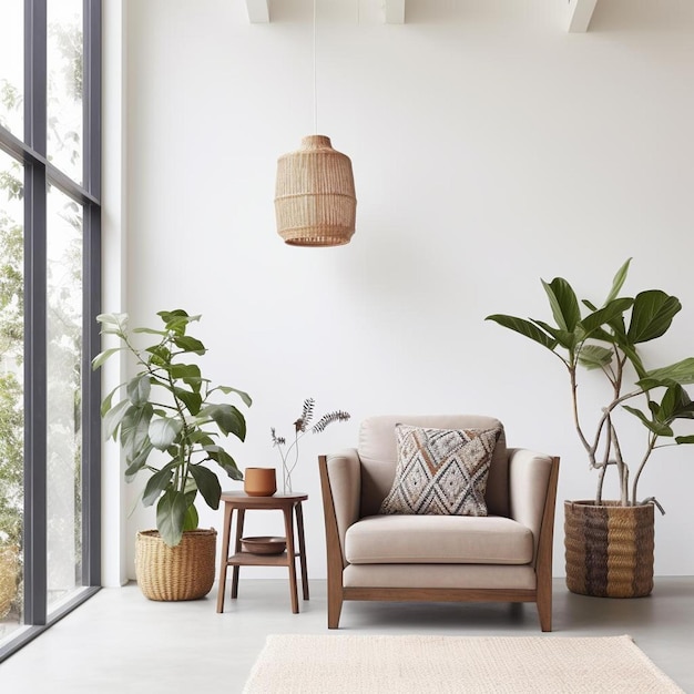 a living room with a chair a plant and a chair