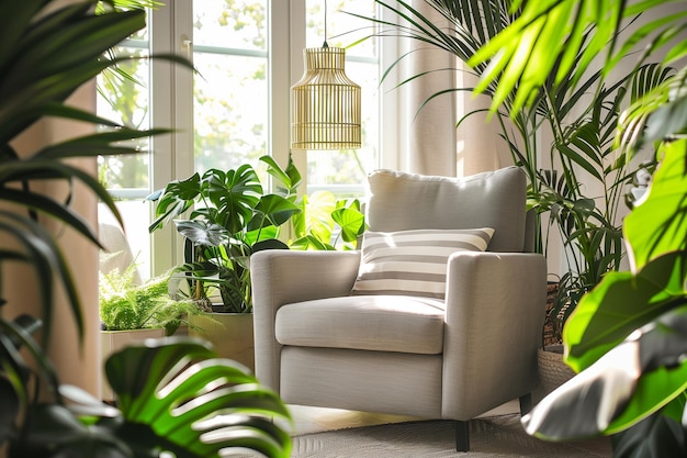 a living room with a chair and a plant in the corner